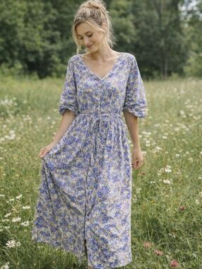 Chandni Blue Floral Prairie Cottagecore Dress 100% Cotton Button Front Tie Waist